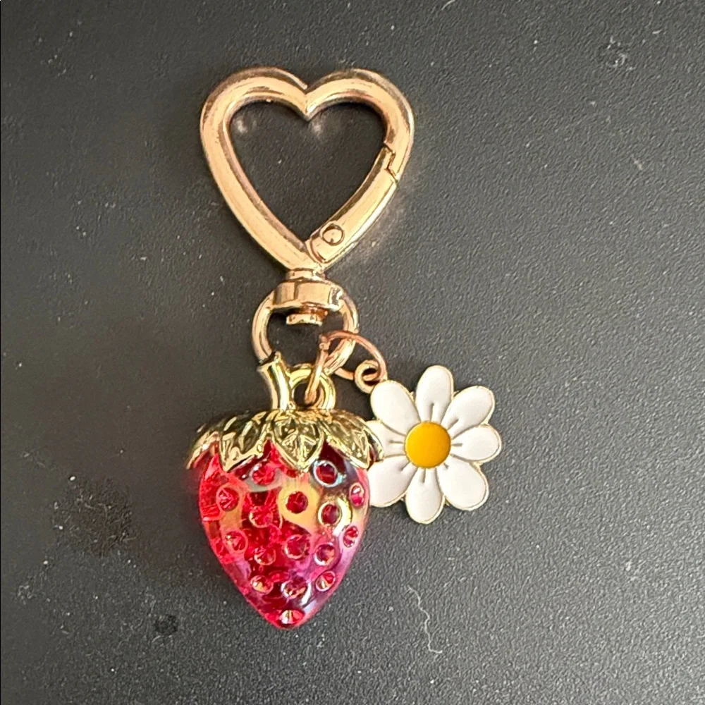 Gold Heart‎ Keychain with Red Strawberry Charm and White Daisy